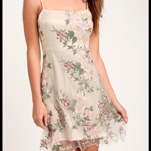 LULU’s Champagne Floral Embroidered Skater Dress